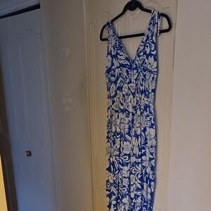 Blue and White Floral V-Neck Maxi Dress